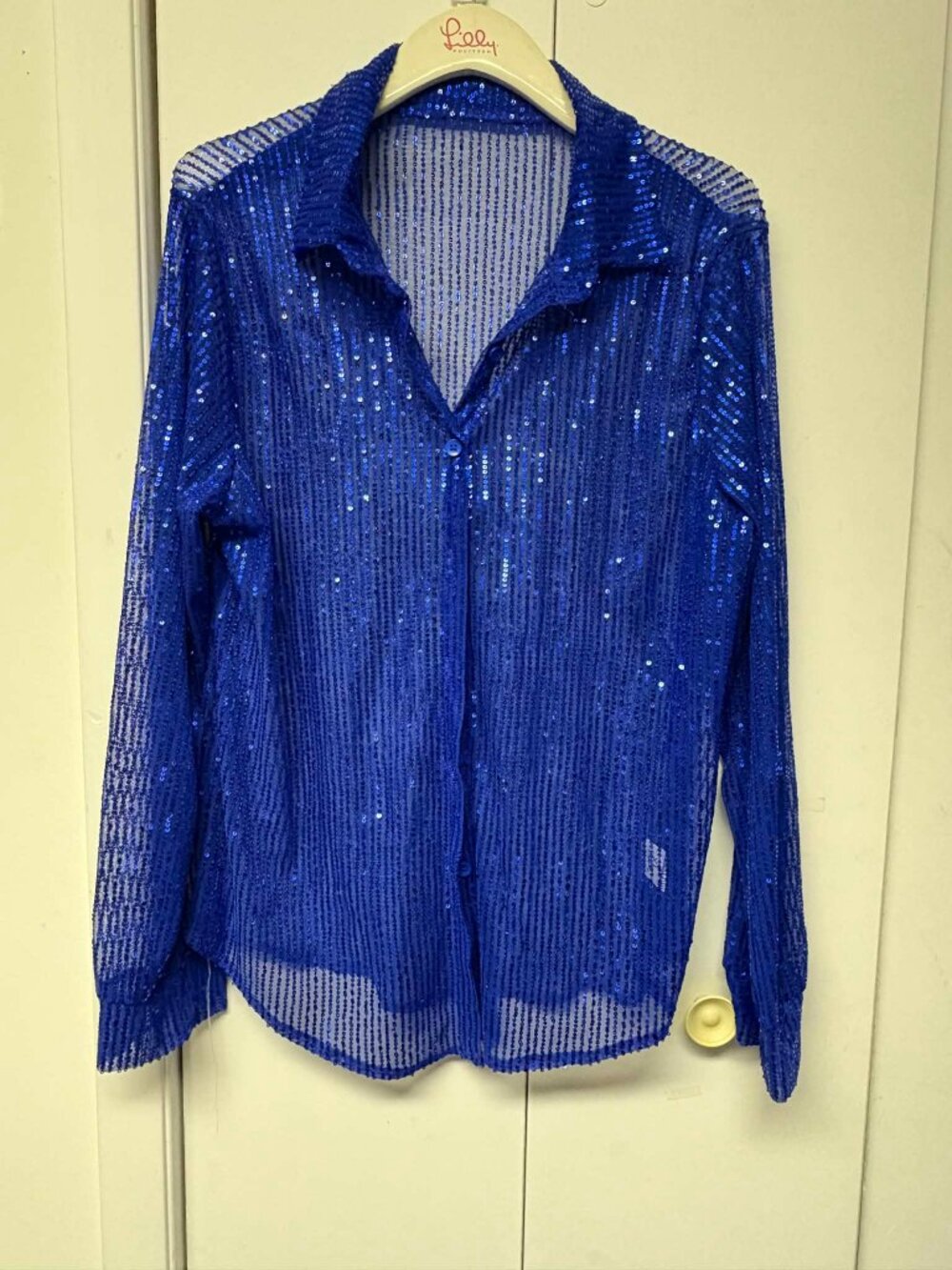 Blue Sequin Sheer Blouse XL